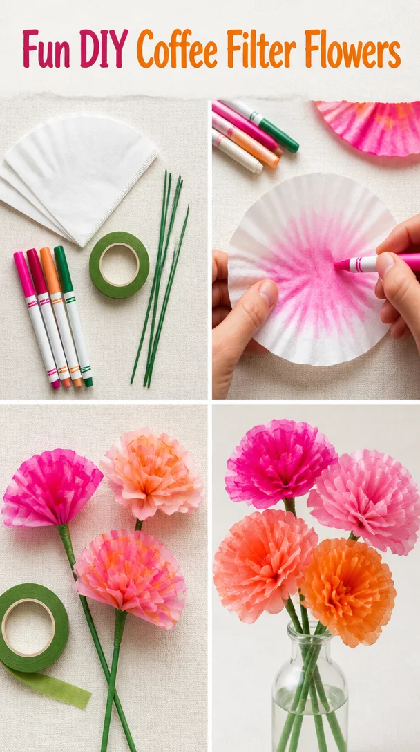 Colorful DIY coffee filter flowers arranged in a vase.