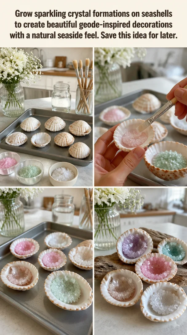 Colorful crystal formations on seashells creating beautiful geode-inspired decor