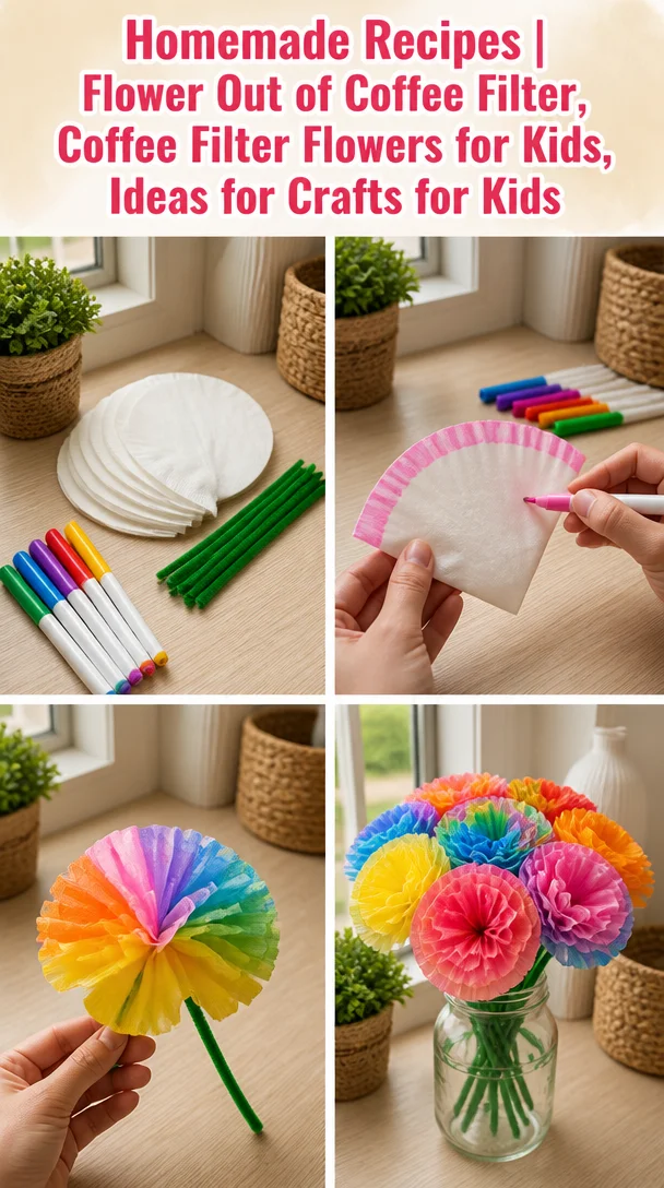 Colorful homemade coffee filter flowers for kids' crafts.