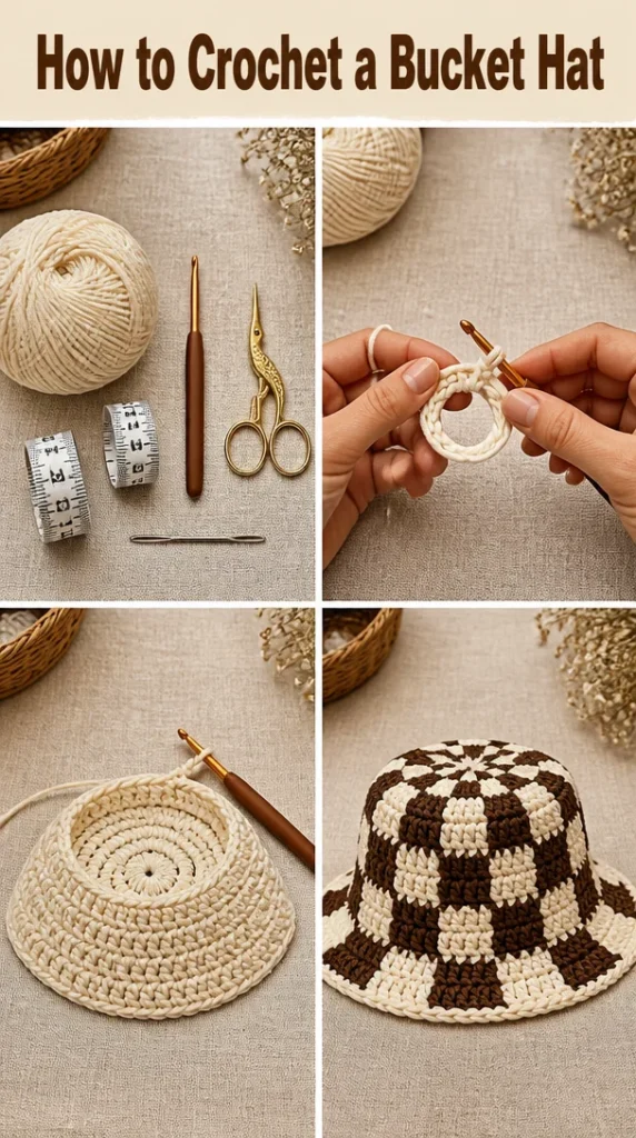Crochet bucket hat tutorial with colorful yarn and crochet hook