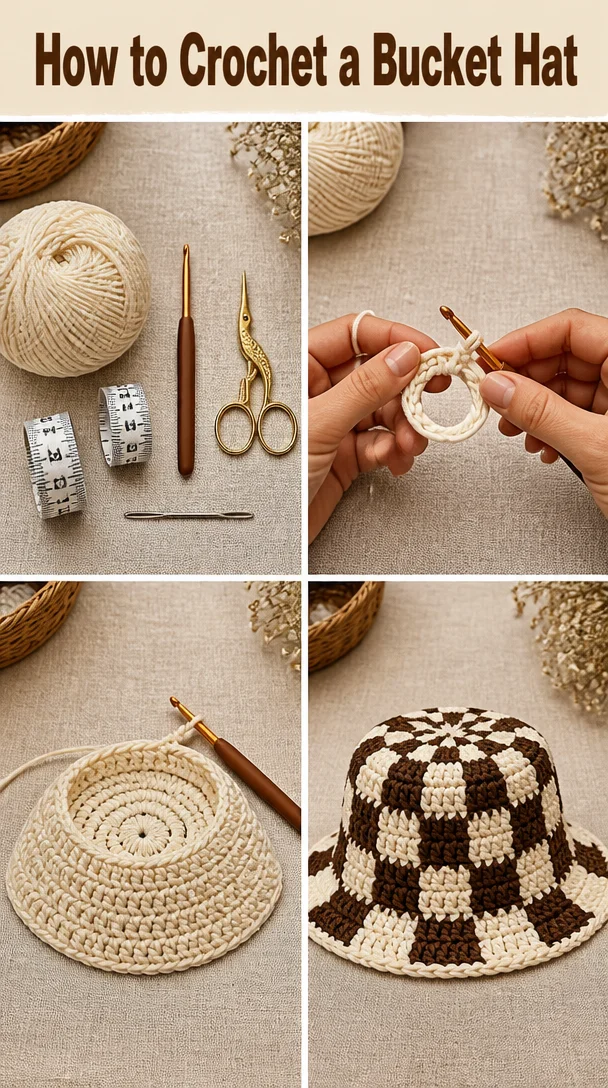 Crochet bucket hat tutorial with colorful yarn and crochet hook