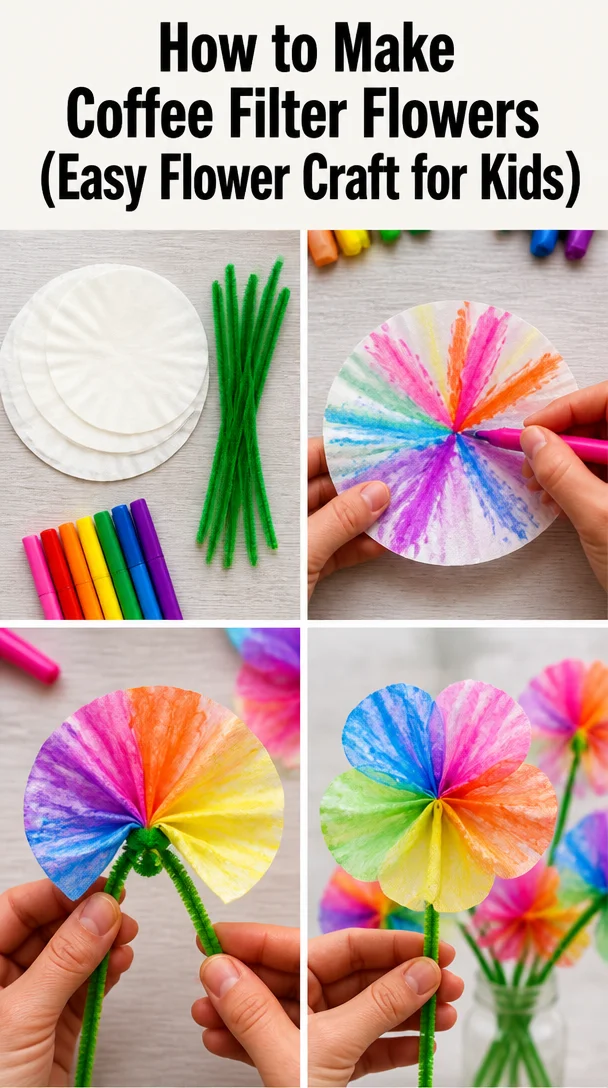 Colorful coffee filter flowers crafted by kids in a creative art project.