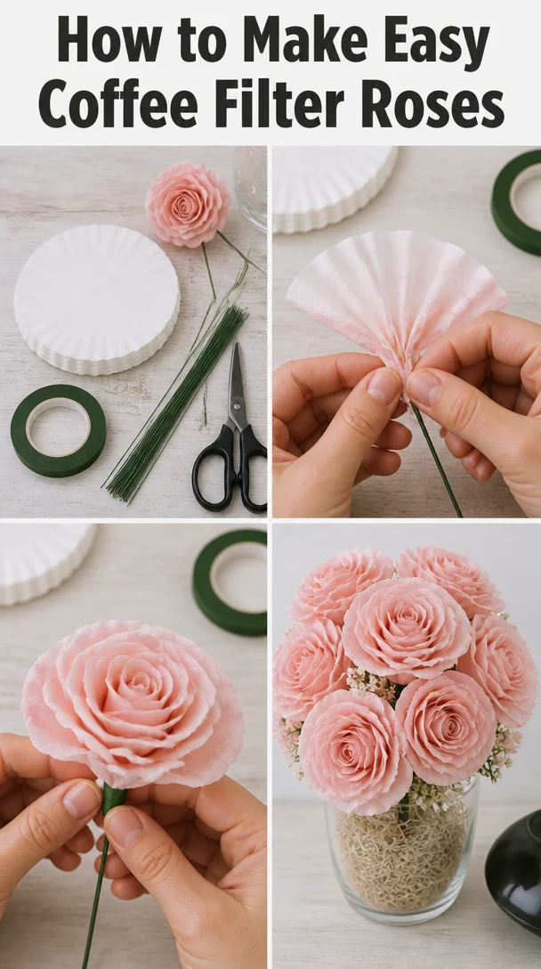 DIY coffee filter roses made from easy-to-follow instructions