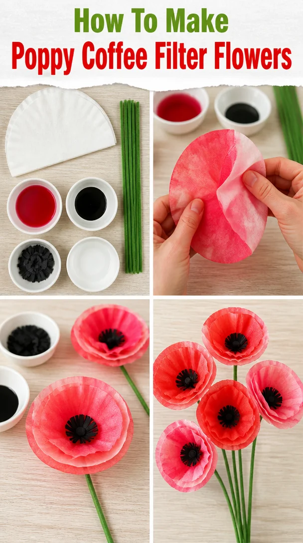 Colorful poppy flowers crafted from coffee filters in a vase.