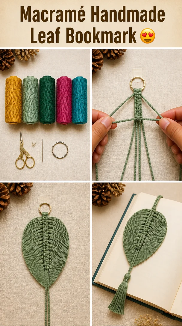 Handmade macramé leaf bookmark in natural fibers