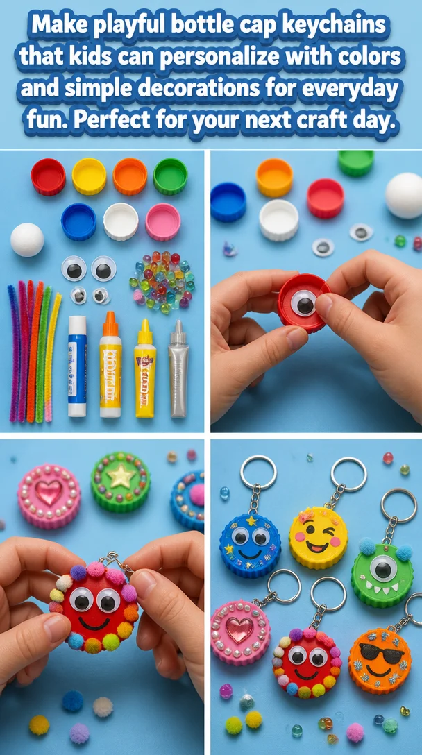 Colorful bottle cap keychains made by kids for playful crafting fun.
