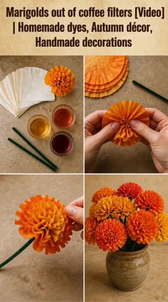 Colorful marigolds created from coffee filters for autumn decorations