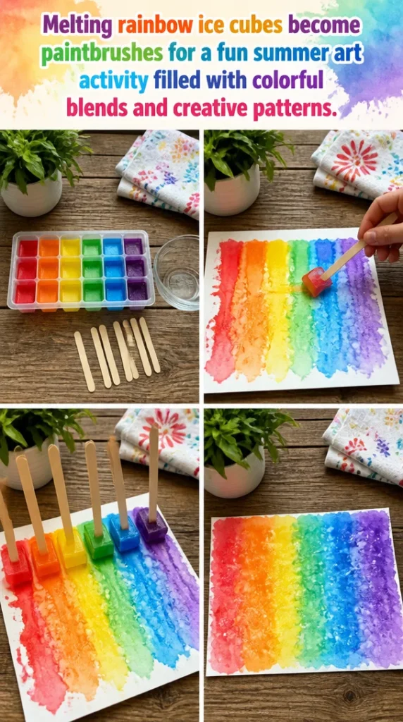 Colorful melting rainbow ice cubes used as paintbrushes for summer art activity
