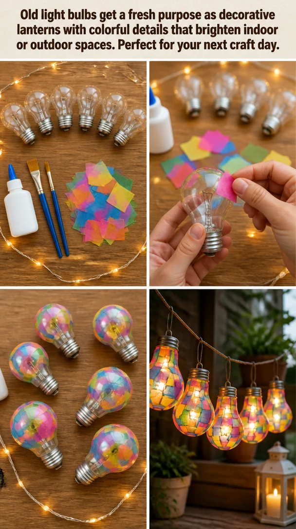 Colorful decorative lanterns made from repurposed light bulbs for indoor outdoor decor