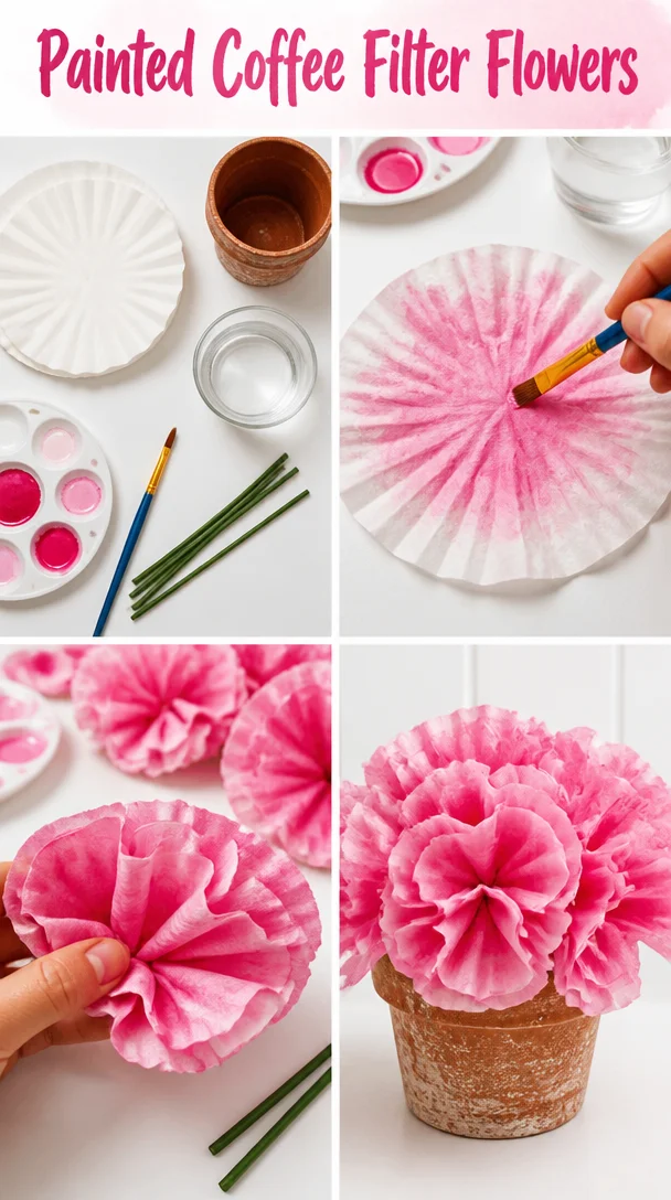 Colorful painted coffee filter flowers displayed in a vase.