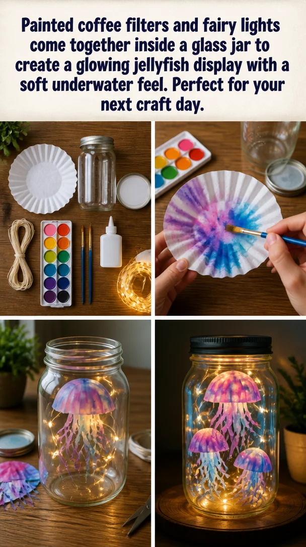 Crafted glowing jellyfish display in a glass jar with fairy lights and painted coffee filters.