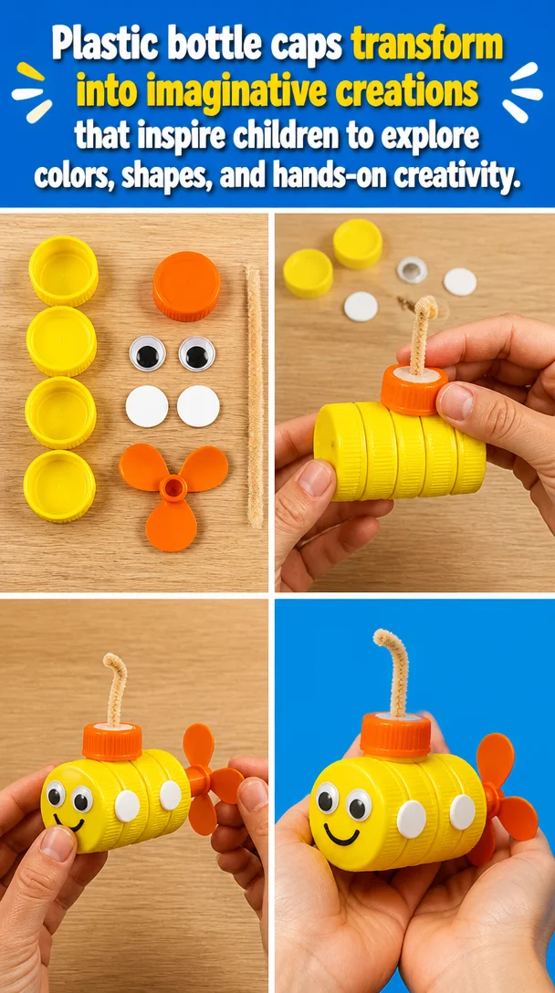 Colorful imaginative creations using plastic bottle caps for child engagement.
