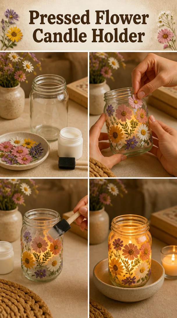 Pressed Flower Candle Holder featuring delicate floral designs embedded in resin.