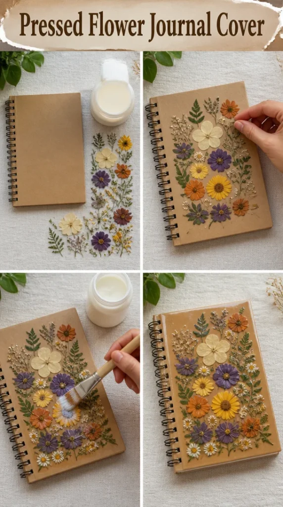 Pressed flower journal cover featuring a botanical design