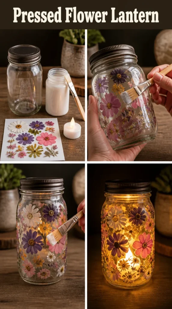 Pressed flower lantern showcasing delicate floral designs and soft illumination.