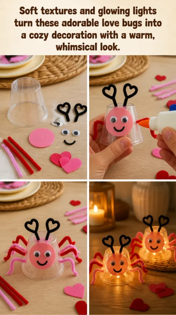 Adorable love bugs decoration with soft textures and warm glowing lights.