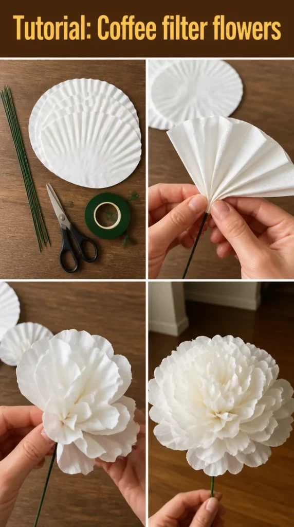 Colorful handmade coffee filter flowers tutorial step by step