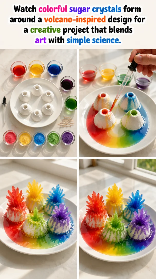 Colorful sugar crystals forming around a volcano design in a creative project.