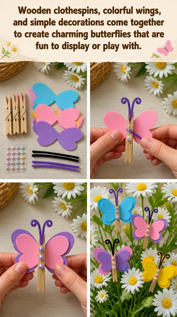 Charming butterflies made from wooden clothespins and colorful decorations.
