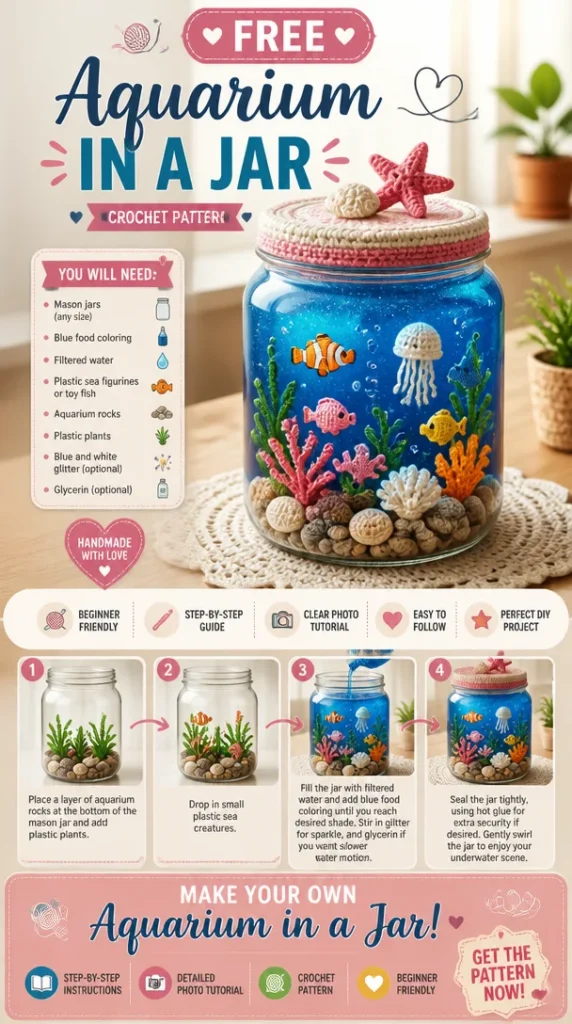 Mini aquarium in a jar showcasing vibrant aquatic life and plants.