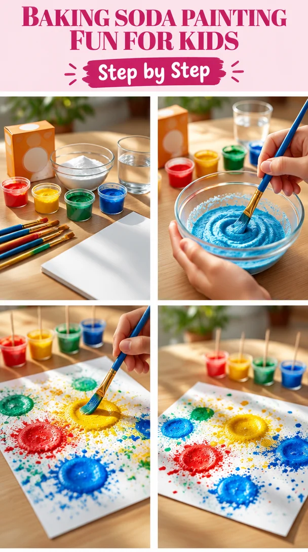 Children enjoying baking soda painting activity with vibrant colors and fun designs.