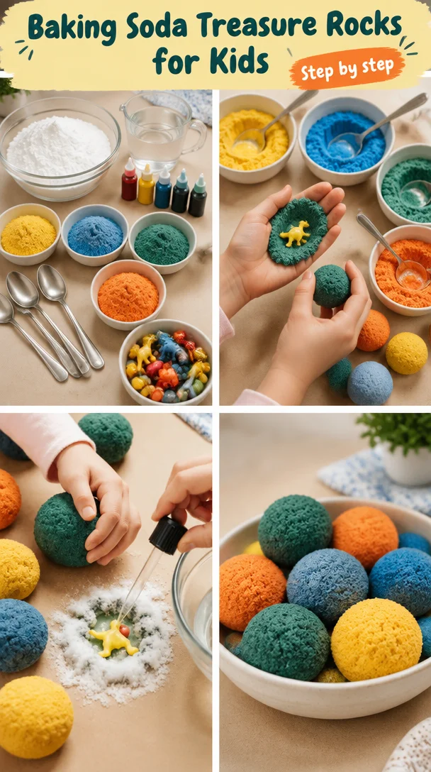 Kids exploring Baking Soda Treasure Rocks in a colorful educational kit.
