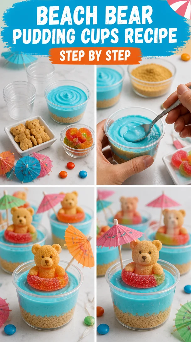 Beach Bear Pudding Cups recipe with colorful layers and fun decorations.