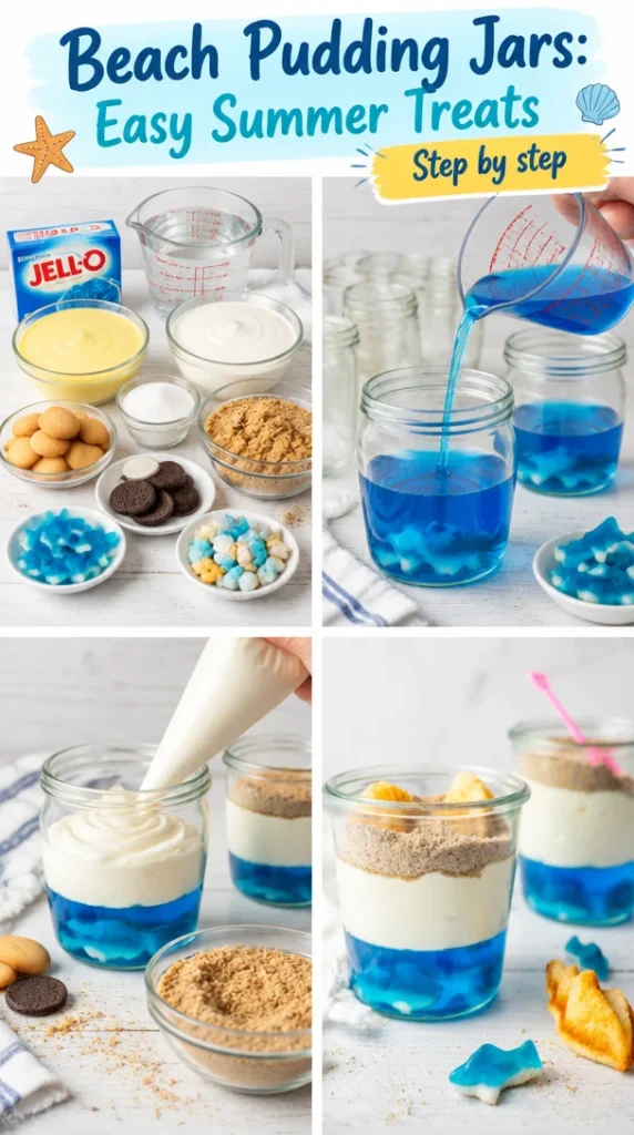 Colorful Beach Pudding Jars filled with layers of delicious pudding and toppings
