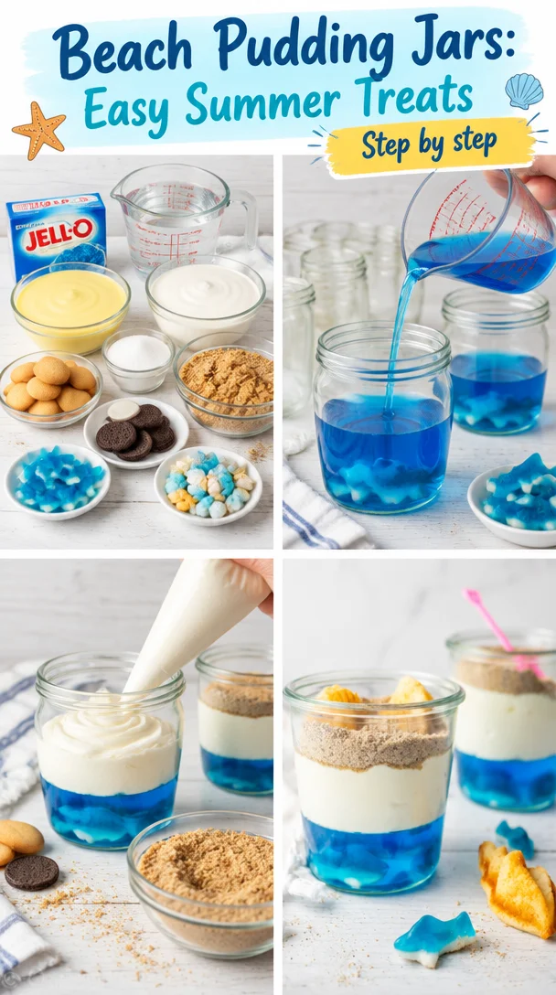 Colorful Beach Pudding Jars filled with layers of delicious pudding and toppings