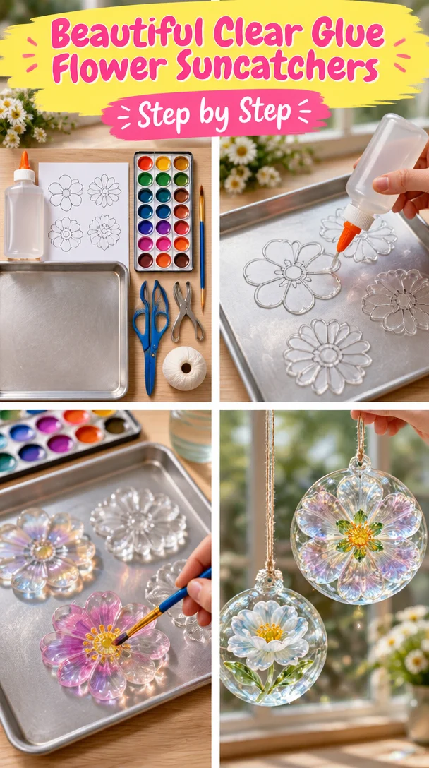 Homemade clear glue flower suncatchers catching sunlight