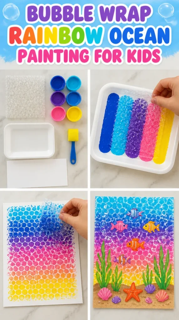 Kids creating a colorful bubble wrap rainbow ocean painting art project.