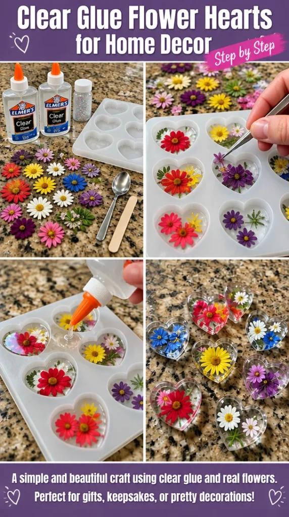 Clear glue flower hearts for creative home decor ideas