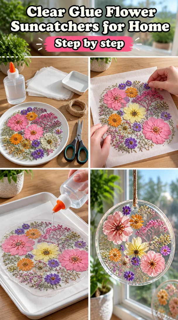Colorful clear glue flower suncatchers for home decor