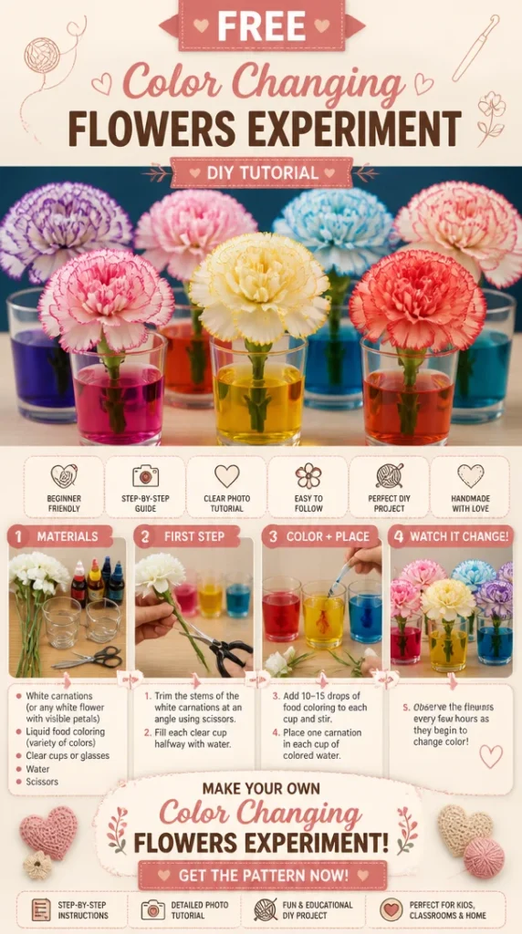 Color changing flowers experiment showcasing vibrant, color-shifting petals.