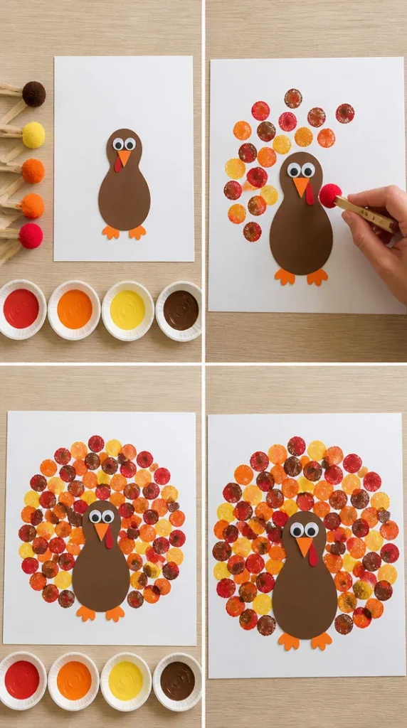 Colorful Pom-Pom Turkey Tail craft showcasing vibrant handmade decorations.
