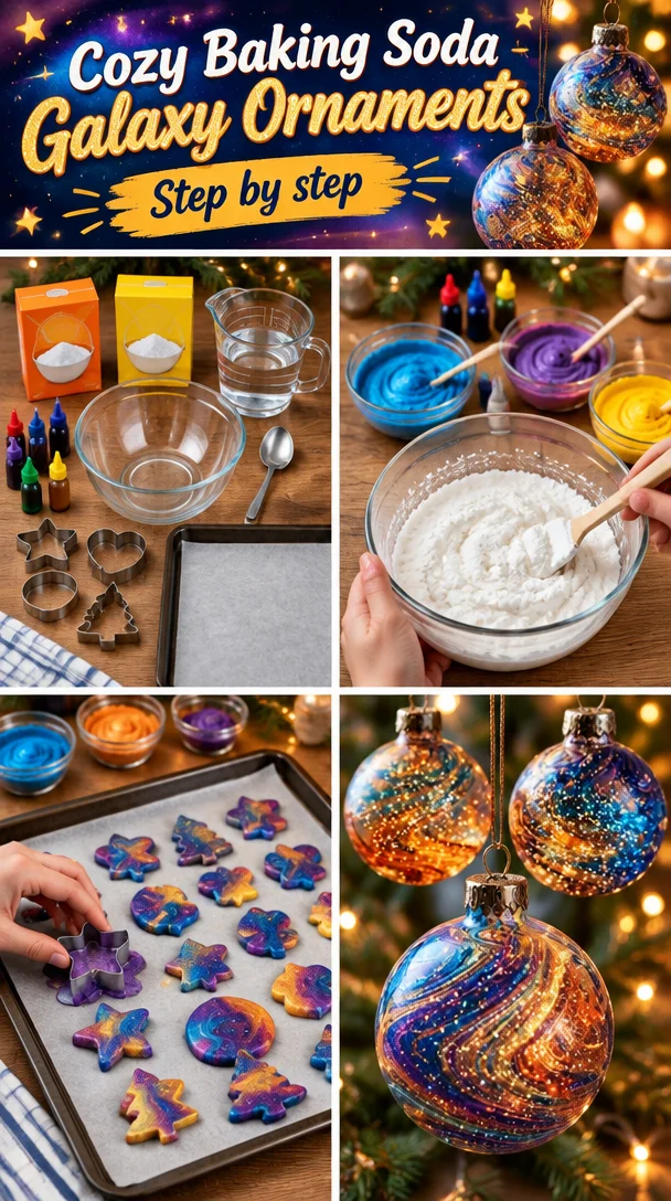 Cozy baking soda galaxy ornaments hanging on a Christmas tree