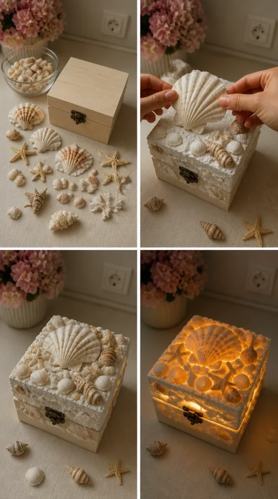 DIY magical seashell box decorated with colorful seashells and crafts.