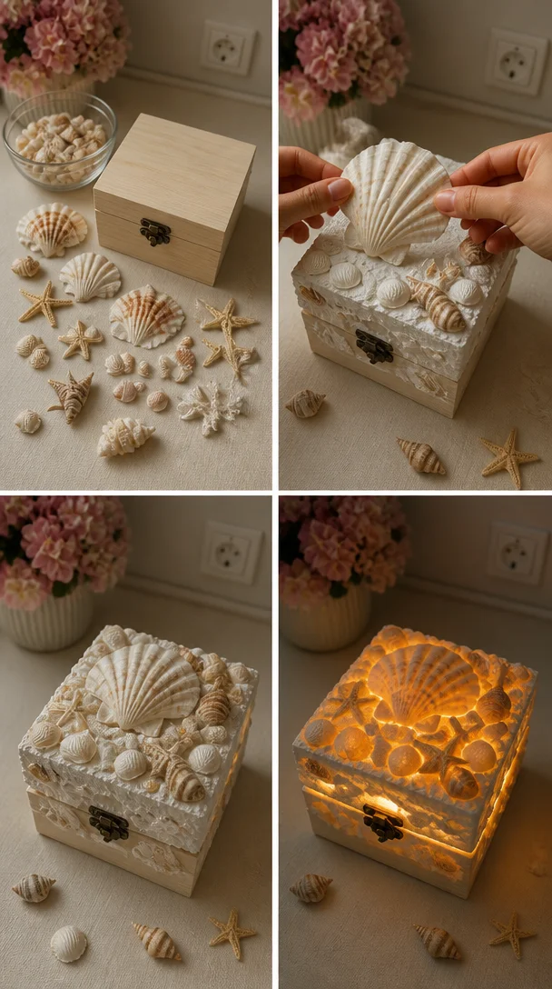 DIY magical seashell box decorated with colorful seashells and crafts.
