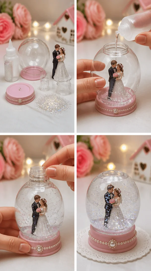 Beautiful love snow globe filled with hearts and glitter, symbolizing romance.
