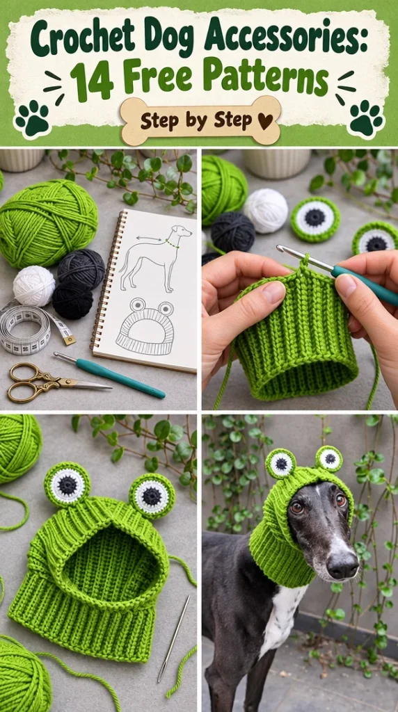 Crochet dog accessories including collars, sweaters, and toys patterns.