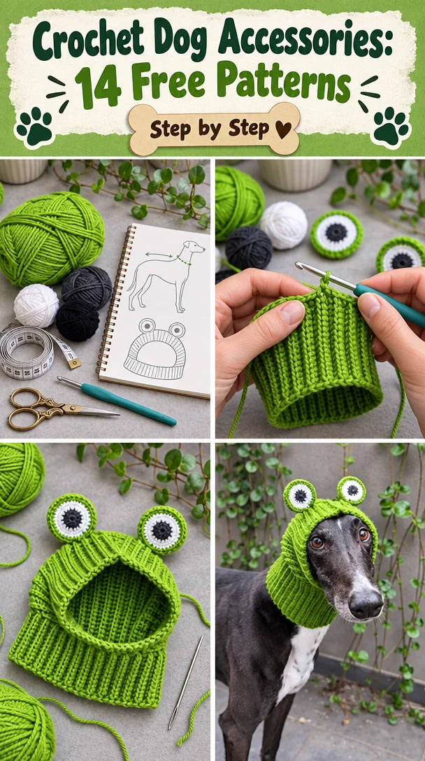 Crochet dog accessories including collars, sweaters, and toys patterns.