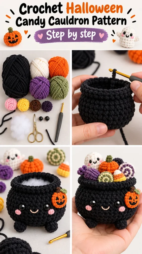 Crochet Halloween Candy Cauldron pattern for festive celebrations