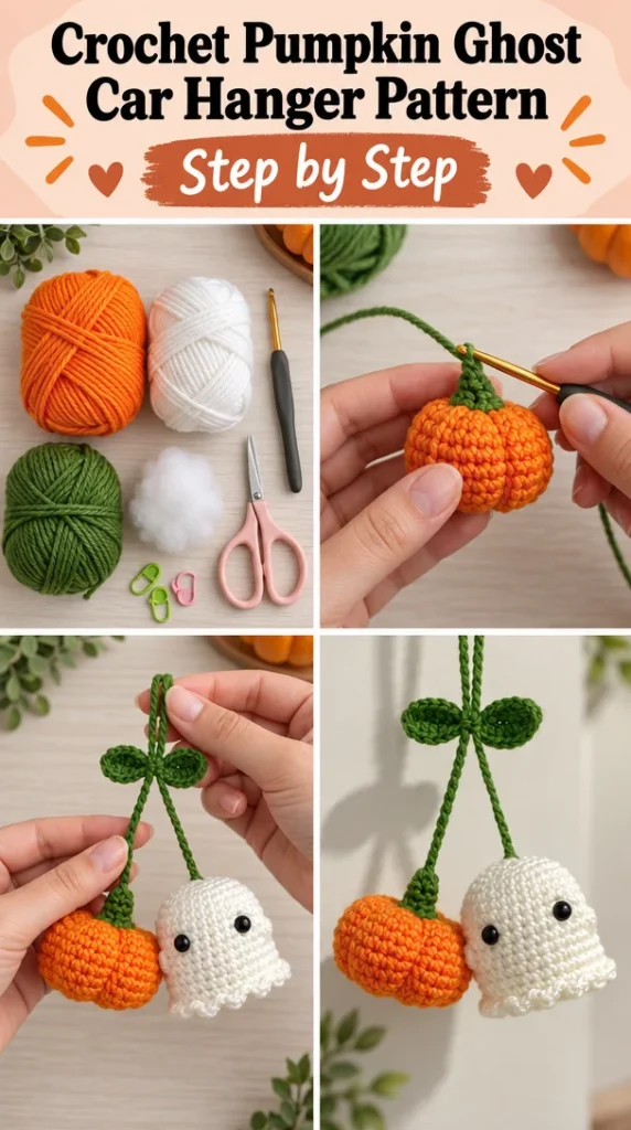 Crochet pumpkin ghost car hanger pattern for festive decorations