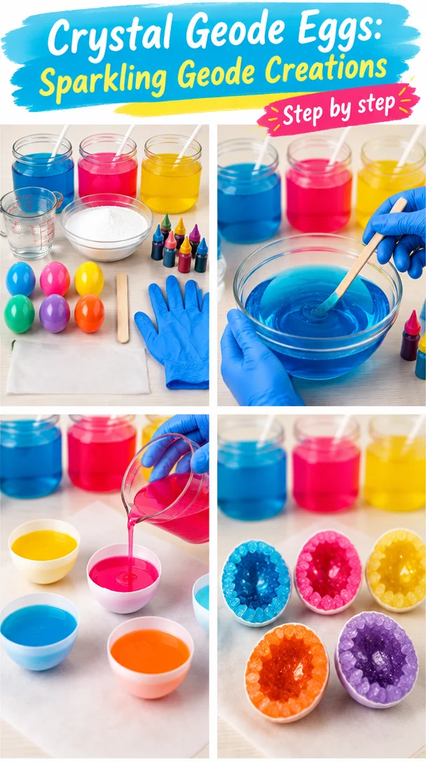 Sparkling crystal geode eggs in various colors and sizes