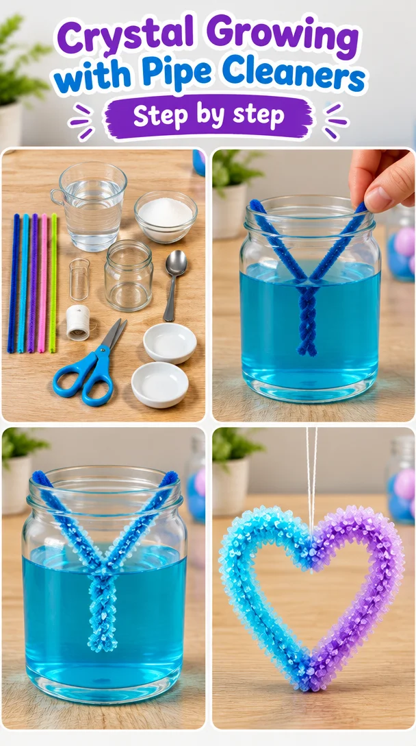Colorful crystals growing on a pipe cleaner in a science experiment.