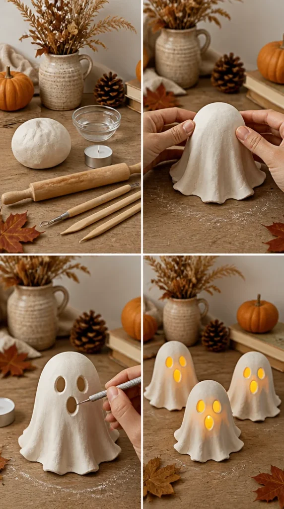 DIY ghost lanterns made from air-dry clay for Halloween decoration