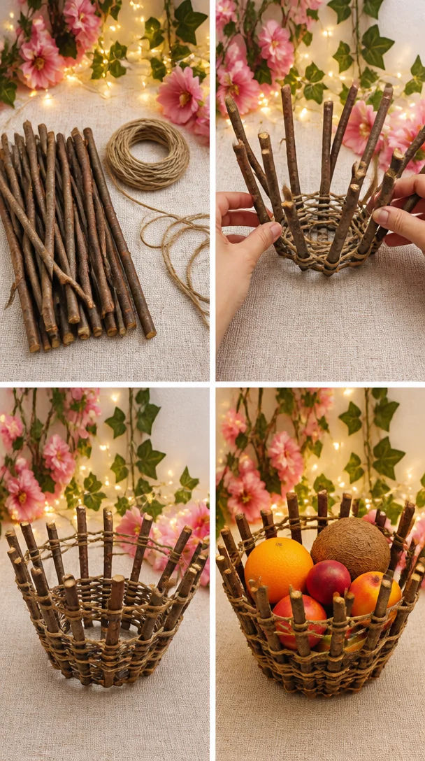 DIY branch fruit basket tutorial featuring no-glue techniques and natural elements.