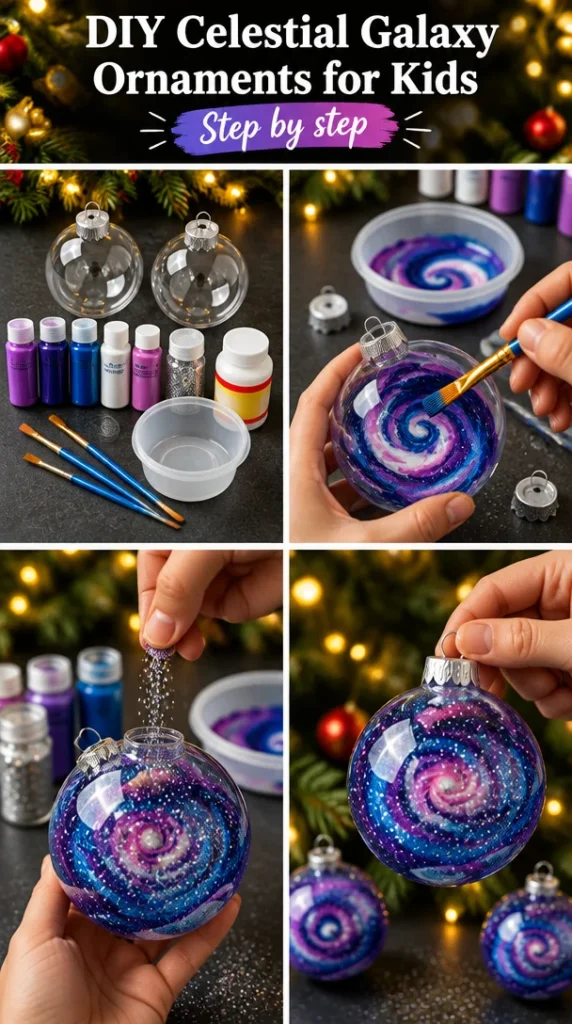 Colorful DIY galaxy ornaments crafted by kids for a celestial-themed decor.