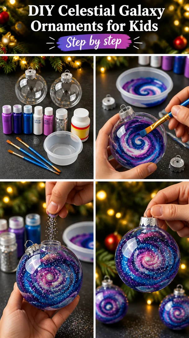 Colorful DIY galaxy ornaments crafted by kids for a celestial-themed decor.