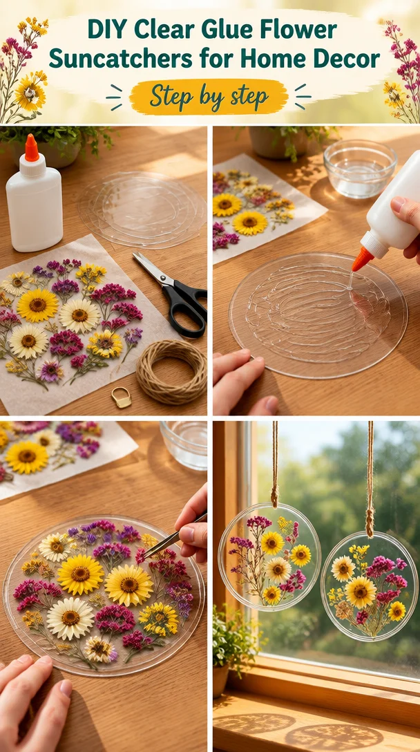 Colorful DIY flower suncatchers made with clear glue for home decor.